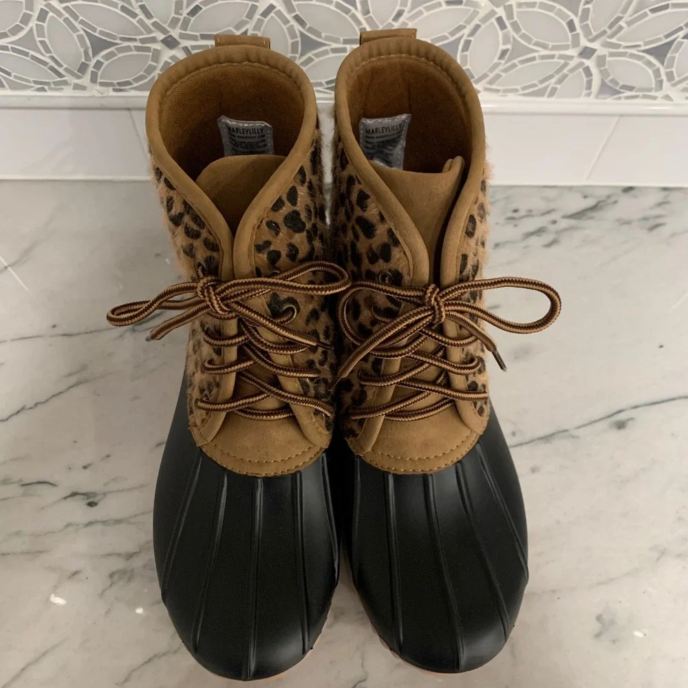 Marleylilly Women's Leopard‎ Print Duck Boots Waterproof Faux Fur Size 8